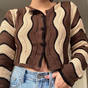 Brown Wavy Cropped Crochet Knit Cardigan